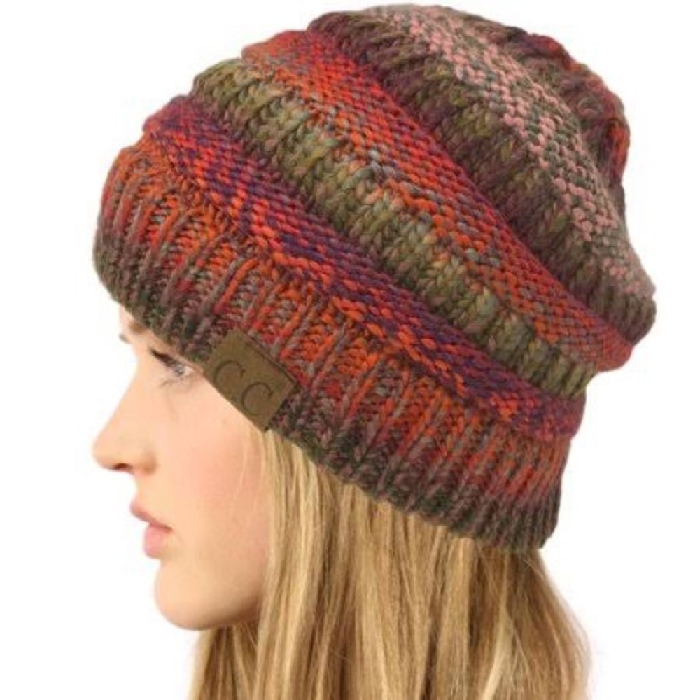C.C Ponytail Messy Bun Knit Hat Beanie Orange Pink Cap Multicolored Chunky
